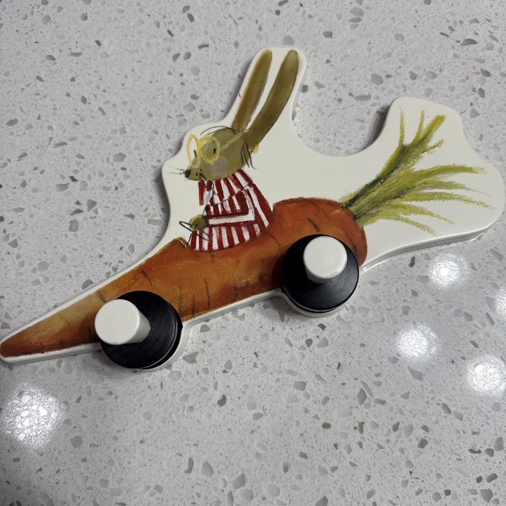 Ikea Fabler wall mounted 2 coat hooks Rabbit driving carrot car EUC